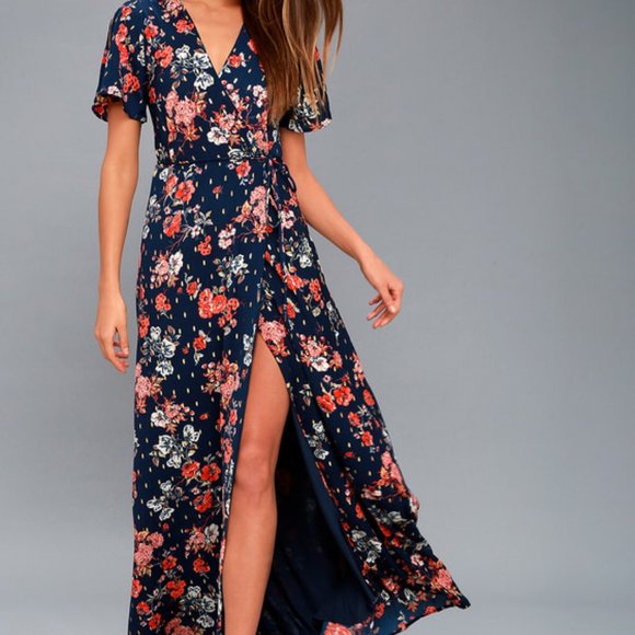 Lulu's Divine Days Navy Blue Floral Print Wrap Maxi Dress S - Picture 1 of 14